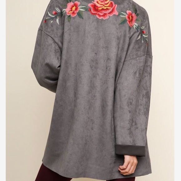 Floral Embroidered Open Front Faux Suede Jacket - Picture 2 of 4